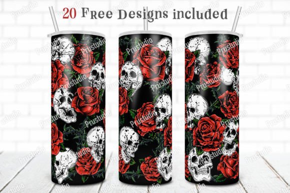 20oz Skinny Tumbler Skull and Red Roses